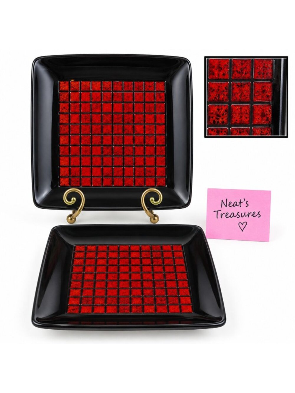Home Target TAMARASK Red Blocks Black Coupe Square Stoneware Dinner Plates Set 2